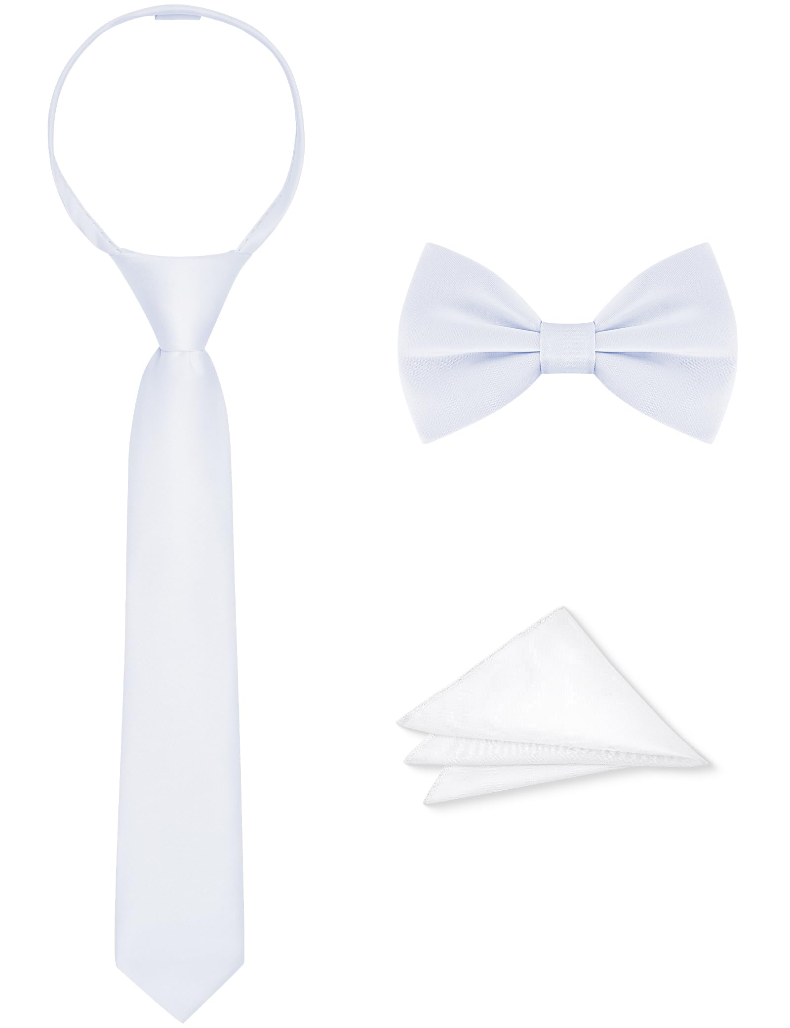 Boys Tie Set, Bow Tie &amp; Pre-Tied Zipper Necktie, Pocket Square