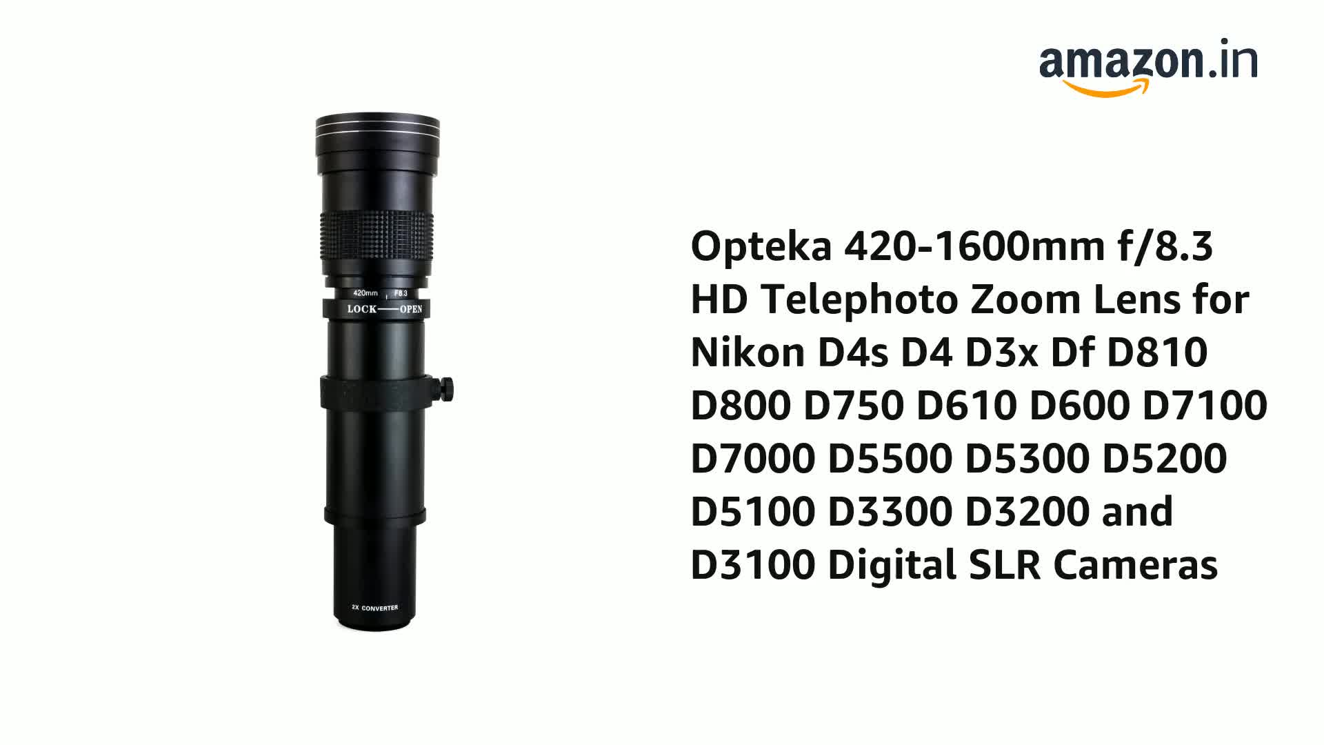 Opteka 420-1600mm f/8.3 HD Telephoto Zoom Lens for Nikon D4s D4