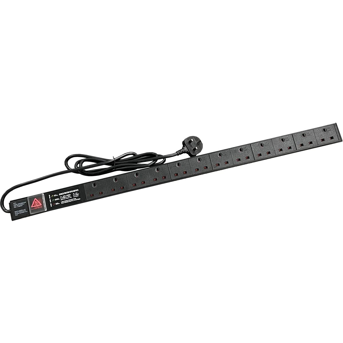 Vertical Extension Lead - 13A 12 Way UK Sockets On/Off Switch 19-Inch 1U Rack Mount Power Distirbution Unit (PDU) With 1.8m UK Power Cable & 3 LED Surge Protection