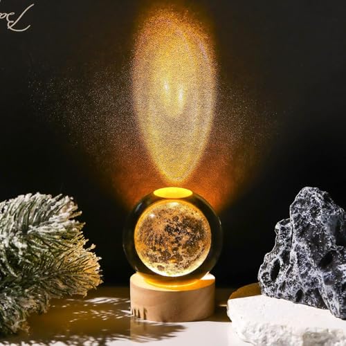 Image of Desidiya 3D New Moon Crystal Night Light Decorative Quartz Glass Ball Bedroom Table Light, Engraved Model Astronomy Decor, Universe Gift for Loved Ones