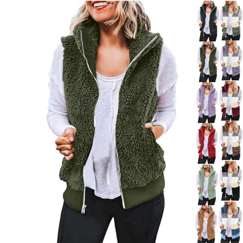 Womens Sherpa Fleece Vest Fall Winter Sleeveless Coat Zip Up Warm Jackets Gilet Outerwear With Pockets