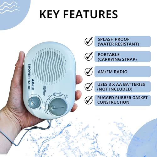 Ken-Tech Shower Radio - Includes Carrying or Hanging Strap. Portable Design Perfect for Bathroom, Kitchen, and Outdoor. Built in Speaker, Battery Operated Radio