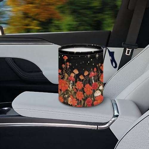 Image of Pensura Car Trash Can Interior Bottom Trash Container Orange Mushroom Print Auto Organizer Mini Can for Cars Women's Car Accessories Universal Fit for Automotive SUV Trucks