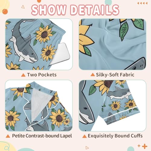 senya Shark and Sunflower Satin Summer Pajama Sets Silk Short Sleeve Button Down Sleepwear3