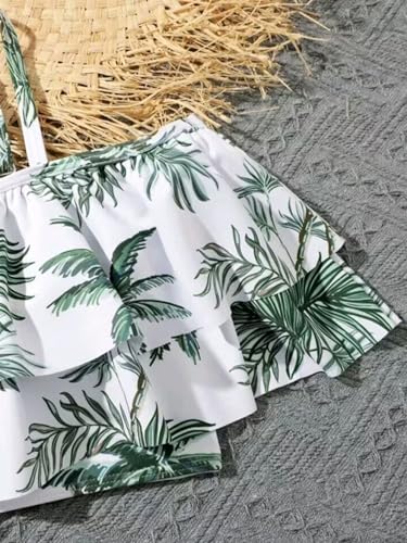 Image of Girl's 3 Piece Bikini Set Tropical Print Bathing Suit High Waist Swimwear with Skirts Cover Up Green 140