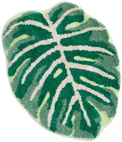 FrecklePot Monstera Non Slip Bath Mat or Kitchen Tufted Rug, Plant Leaf Shaped Kids Pets Floor Mat Carpet, Green, 31.5" x 23.6"