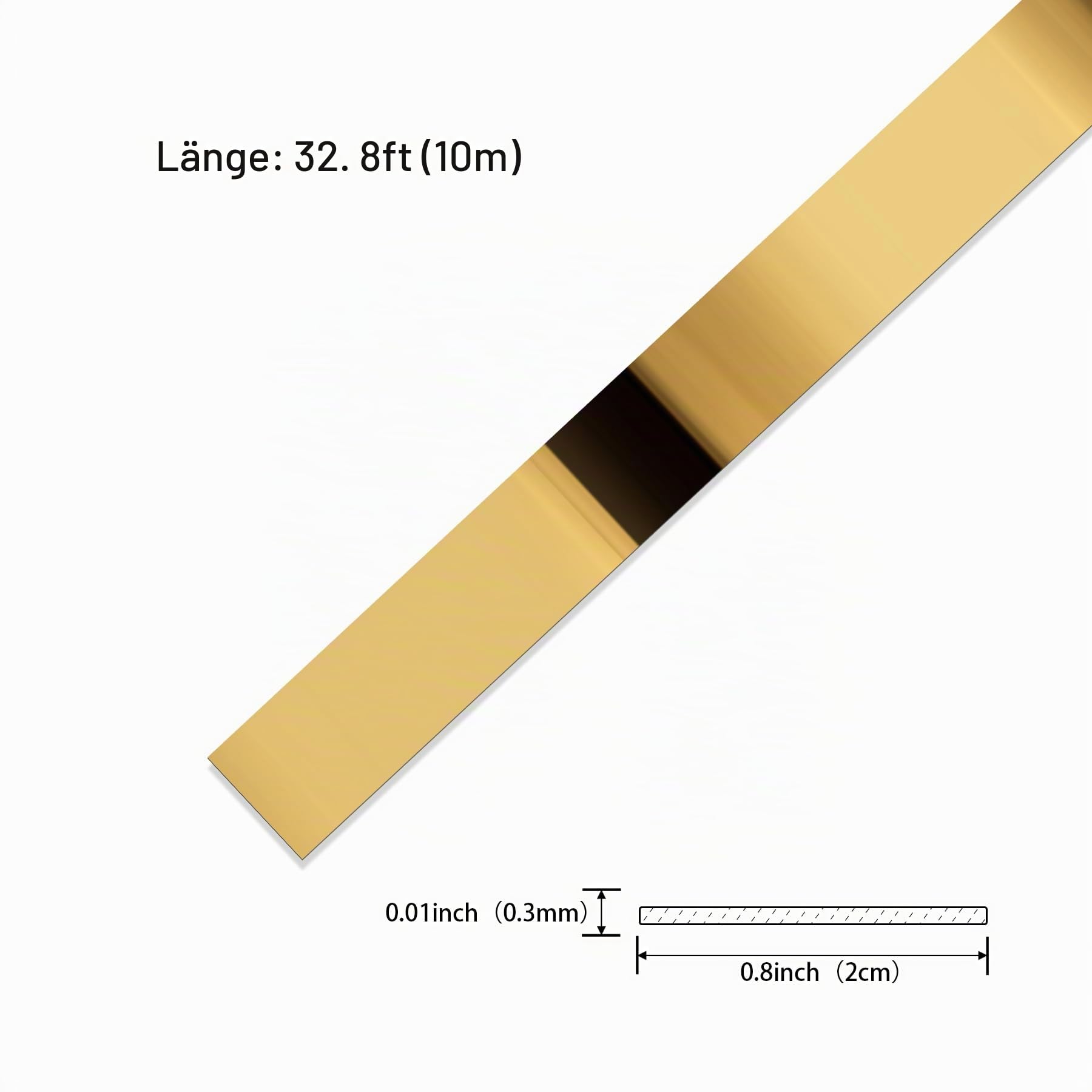 Goldmetallisierte Zierleiste mit spiegelähnlicher Oberfläche, Abzieh- und Klebestreifen für Spiegelrahmen, Wand, Kamin und Heimwerkerdekoration (10m x 2cm)