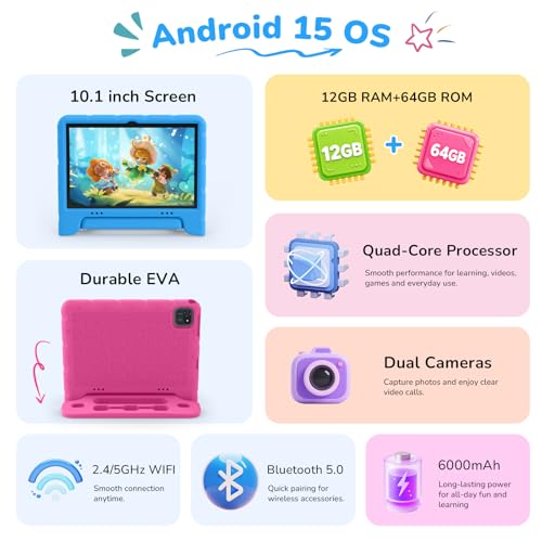 Image of EDDBNi Kids Tablet Android 15 Tablet 10 inch Kids Tablets with Case Quad Core 64GB Dual Camera Parental Controls 2.4G WiFi Educational Tablets (Blue)