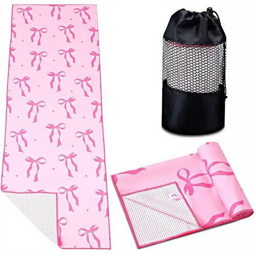 Breling Pink Bow Yoga Mat Towel with Grip Dot Preppy Coquette Bow Non Slip Ultra Absorbent Soft Microfiber Towel Without Hot Yoga Mat 72x 24 Inch for Pilates Fitness Gym Women Birthday Gifts