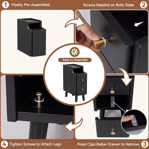 Image of Nightstand, Pre-Assembled, 19.7 inchH Solid Wood Narrow Night Stand with 2 Drawers, Open Sliding Shelf, Mid Century Modern Small Bedside Table for Bedroom, Black 8 inch