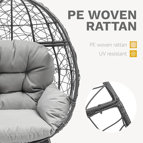 DWVO Oversized Egg Chair with Stand Rattan Outdoor Chairs, Large Lounger Chair with Cushion, Adjustable Leveling Feet, Egg Chair Indoor for Bedroom, Living Room, Outdoor Backyard, Patio, Garden, Grey