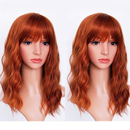 ANDRIA Red Brown Wigs with Bangs Orange Red Wavy Wigs Short Bob Wigs With Bangs Wig Glueless Natural Wave Synthetic Heat Resistant Fiber Hair Wig With Bangs Colorful Full Wigs for Women 14 Inch