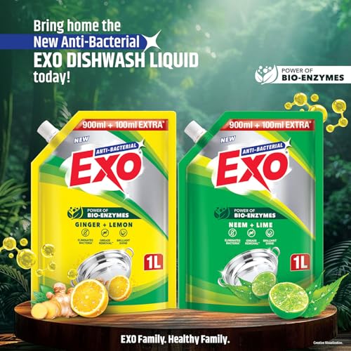 Image of Exo Dishwash Liquid Refill Pack | Ginger & Lemon | Tough Grease Removal for Utensils | Anti-Bacterial Dishwashing Liquid | Bio-Enzyme Liquid Dishwash | No Residue Cleaning - 1L