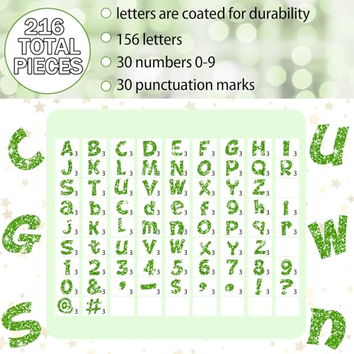 Image of Colarr 216 Pcs Glitter Bulletin Board Letters for Classroom Number Alphabet Punctuation Symbol Cutout 4'' Die-Cut Poster Letter with Adhesive Dot School Party Holiday Decor Display(Lime Green)