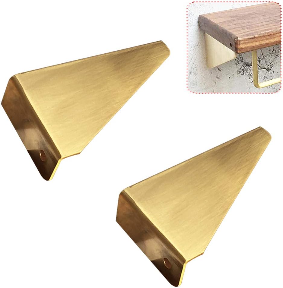 OWUV Metal shelf bracket (2 pcs), brass, wall-mounted triangle support erbracket brace, for decoration of living room, bathroom shelf support, hotel