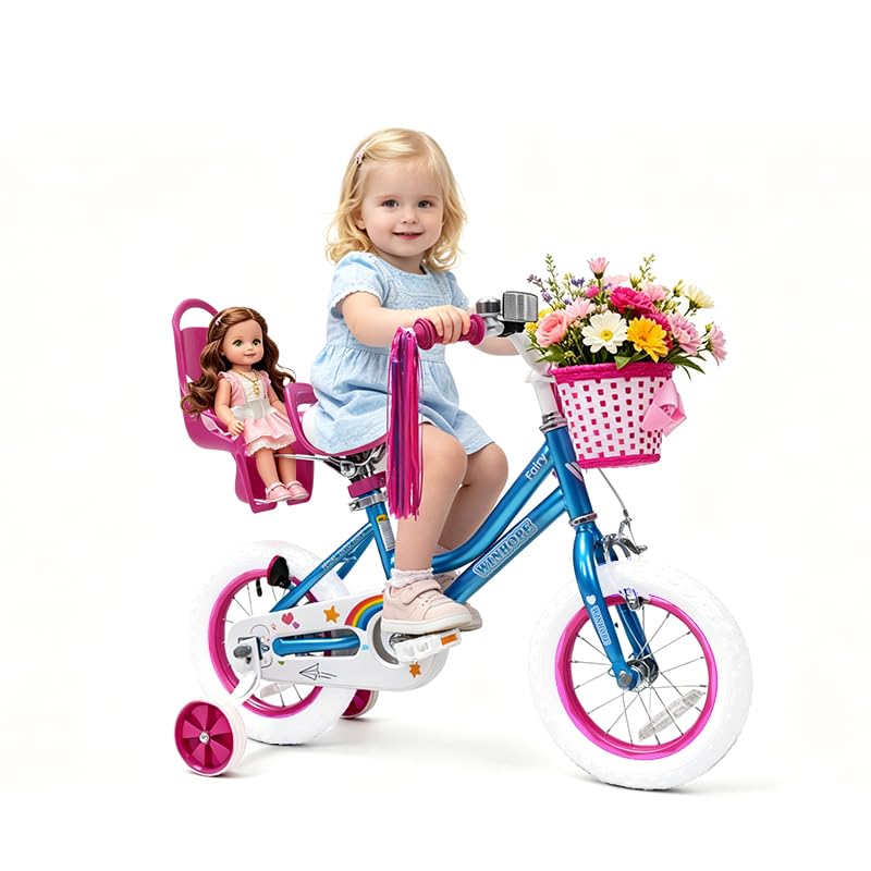 Image of WinHope Girls Bike with Doll Seat, 12 14 16 18 20 Inch Kids Bike for 2-12 | Dual Brake with Training Wheels / Kickstand & Streamers Birthday Gift for Toddler Outdoor Riding, Multiple Colors