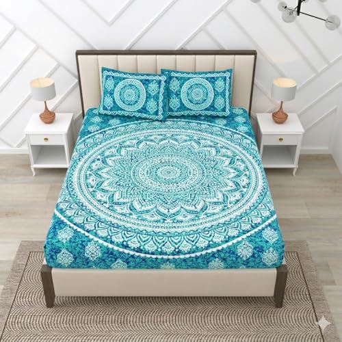 Image of RajasthaniKart Pure Cotton 144 TC Printed Double /Queen Bed Elastic Fitted Bedsheet with 2 Pillow Covers - All Around Elastic | 60 inchx78 inch, Fits Up to 8 inch Mattress | Jaipuri Print, 5298