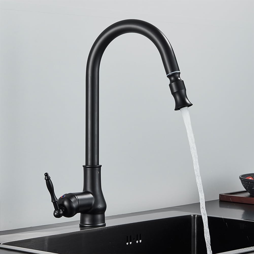 Wasserhahn Küche - Küchenarmatur Mit Brause Ausziehbar, Retro Antik Stil Messing Einhebel 360° Schwenkbar Spültischarmatur Mischbatterie, Hoher Auslauf Armatur Küche, Schwarz