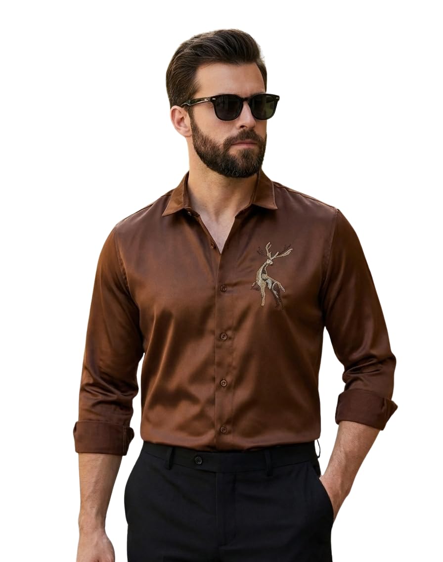 afflatus Men’s Stylish Satin Shirt for Party, Formal and Casual Wear Full Sleeve Shirt for Men - Buck-picture-39
