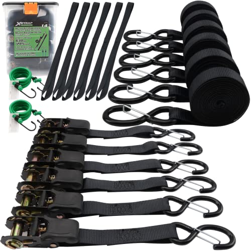 Xstrap Standard Ratchet Tie Down Straps - 6 Pack 1" X 15' - 1890 Lbs Breaking Strength, Safety Lock S Hooks, With 6 Soft Loops, 2 Bungee Cords, Logistic Cargo Straps For Moving Appliances, Motorcycle #TOP7