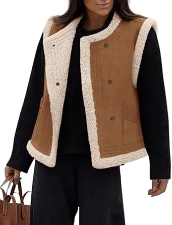 VAOYIU Womens Fleece Vest Casual Sleeveless Double Breasted Thicken Outwear Winter Sleeveless Sherpa Jackets6-Brown-S