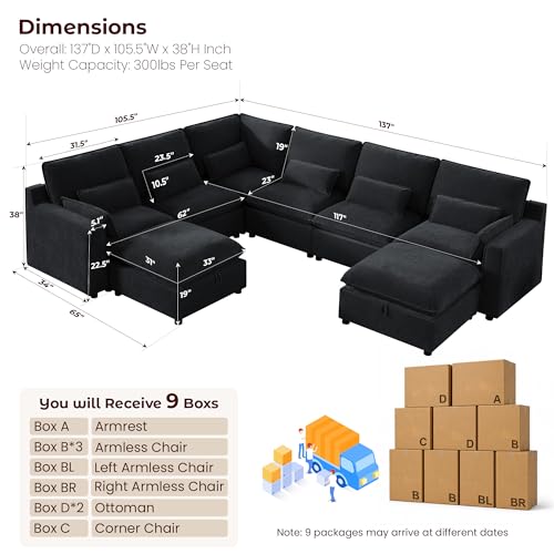 Image of WorthFurni Modern Modular Sectional Sofa,137 inch V Shape Sectional Cloud Couch with Storage Ottoman,Comfty 8 Seat Sofa for Living Room,Black Chenille