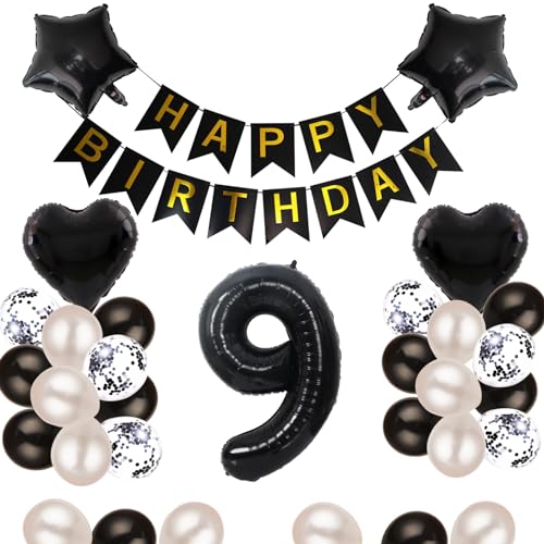 9歳 誕生日 バルーン 風船 飾り付け セット 数字バルーン 9 HAPPY BIRTHDAYガーランド ハート風船 紙吹雪風船 バースデーバルーン 大人 男の子 女の子 ブラック