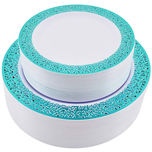 Semper-KIK 100 pieces Teal Disposable Plastic Plates- Lace Design Wedding Party Plastic Plates include 50 Plastic Dinner Plates 10.25 inch, 50 Salad/Dessert Plates 7.5 inch (Teal Lace Plates)