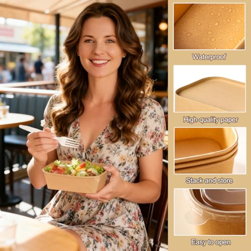 Artuxer 50-Pack 29oz Disposable Kraft Paper Bowls 【with Lids and Forks】,Disposable Meal Prep Containers,to go food containers,Microwavable and Freezer Take Out Containers for Hot/Cold Food - Thumbnail 4