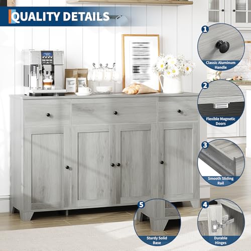 55" Sideboard Buffet Cabinet with Storage, Coffee Bar with Adjustable Shelves, 3 Drawers and 4 Minimalist Doors, Long Storage Cabinet for Kitchen, Dining Room, Living Room- Grey