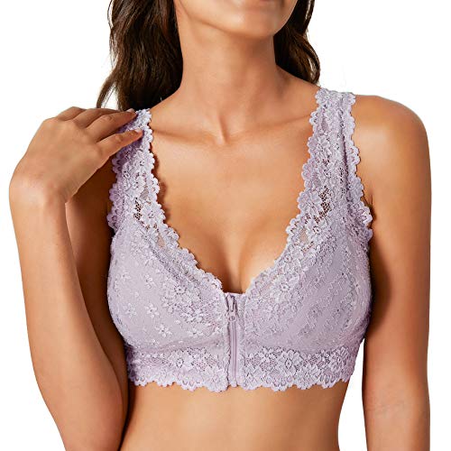 Rolewpy Floral Lace Bralette for Women, Zipper Wireless Bra Lingerie with Removable Padded Halter Crop Top (Dawn Purple, S (32B 34A 34B 34C))