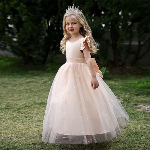 Princess Pageant Dress Pearls Satin Tulle Flower Girl Dress V-Back Kids Birthday Party Ball Gowns3