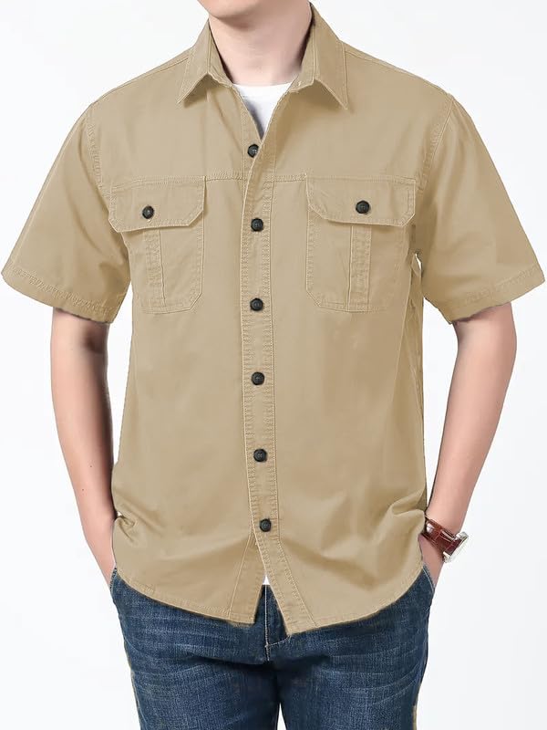 Image of SHIENZY Men's Regular Fit Solid Printed Cotton Casual Shirt || Half Sleeve, Double Pocket || Denim Jacket Style Fashionable Western Outfit