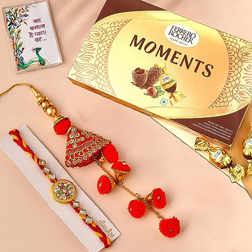 Image of CraftVatika Rakhi Ferrero Chocolate Gift Box for Brother and Bhabhi, Rakhi Combo Set of 2 with Ferrero Moments Chocolates for Brother, Pom Pom Lumba Rakhi, Designer Rakhi with Ferro on Raksha bandhan