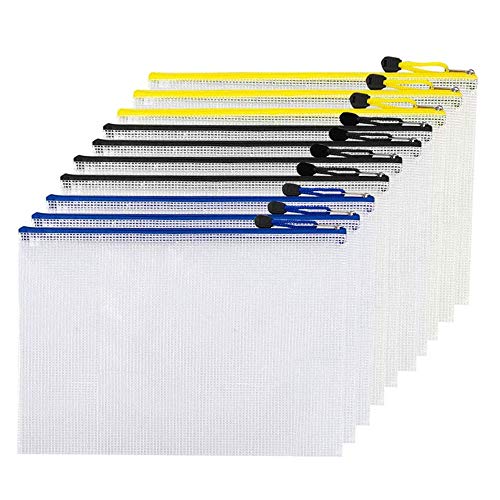 10Pcs Mesh Zipper Pouches - A4 Size Zipper File Bags/Waterproof Document Bags/File Folders for School Driving Test/Office Receipts/Household Bills/Travel Storage Mixed Colors 13x9.7inches OS03MU10