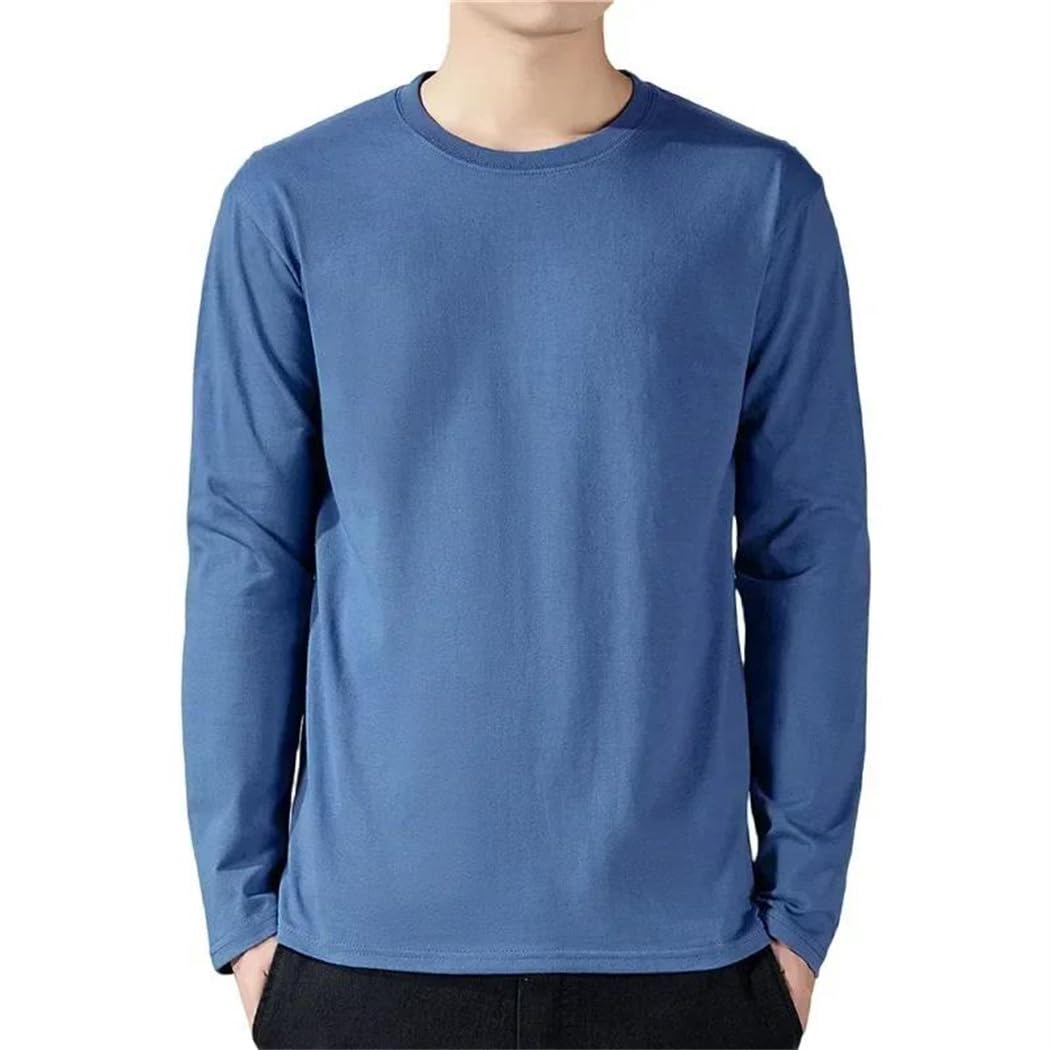 Camiseta de manga larga de algodón para hombre, color liso, cuello redondo, casual, camiseta básica para uso diario