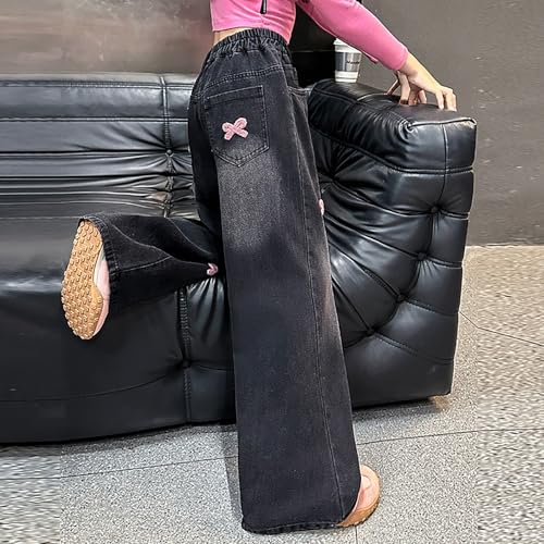 Kids Girls Bows Jeans Baggy Wide Leg Denim Pants Cute Elastic Waist Straight Trousers Trendy Y2k Streetwear with Pockets3