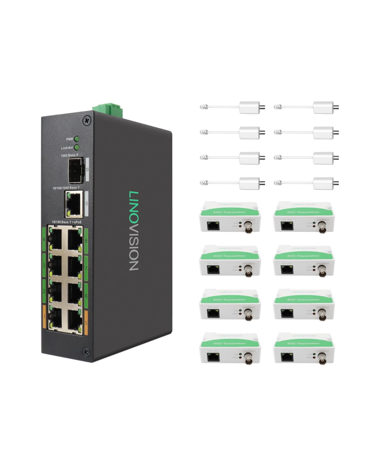 LINOVISION Conmutador Industrial EOC y PoE de 8 Puertos con 8 transmisores EOC, PoE de Largo Alcance sobre Cable coaxial o UTP, actualización de Sistema analógico a Sistema de vigilancia IP