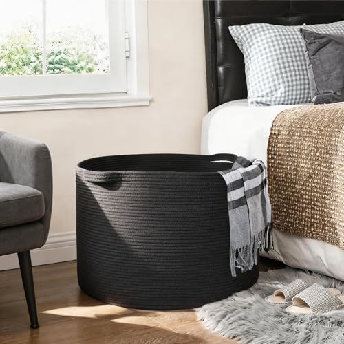 Image of MEGASKET Large Black Blanket Basket, 22 inch X 22 inch X 14 inch Woven Rope Bin for Storage, Kids Dog Toy Storage Box Organizer Bins, Blanket Holder for Living Room, Decorative Wicker Basket for Organizing