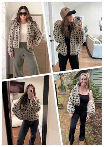 Lianlive Women Winter Sherpa Fleece Jacket Long Sleeve Zip Up Checkered Fuzzy Cropped Coats Warm Outwear with Pockets4