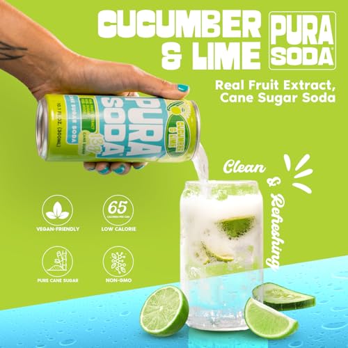 Image of PuraSoda Cucumber & Lime - 12g Pure Cane Sugar Soda, 10 Fl Oz, Pack of 24 | Real Fruit Extract, Non-Gmo Vegan, No Stevia Or Artificial Sweeteners, 13g Cane Sugar, 10 Fl Oz Cans