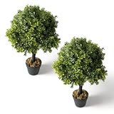 The Bloom Times Topiary Trees Artificial Outdoor 2 Pack 27 Inch Tall Faux Boxwood Ball Plants Outsid