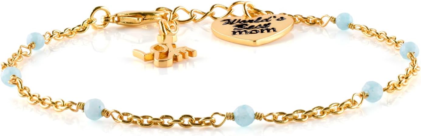 Natural Beads Bracelets For Women Birthstone Jewelry Crystals and Healing Stones, Heart Charm “World’s Best Mom” and “I LOVE U” Charm, 18K Gold Plated Chain 8''