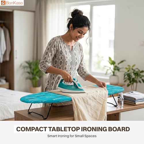 Image of BonKaso Tabletop Ironing Board | Compact Foldable Ironing Table, Lightweight Portable Mini Iron Board with Padded Non-Stick Surface for Home, Dorm, and Travel | Blue