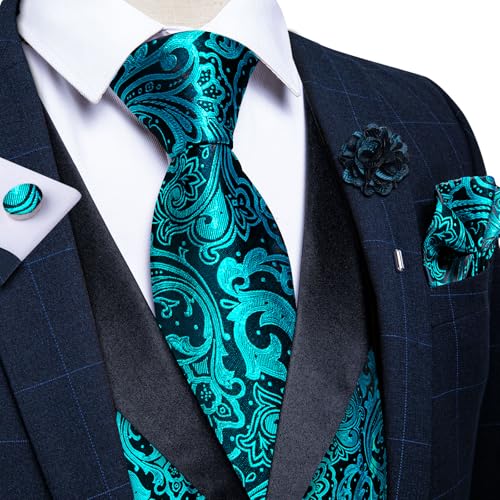 Image of DiBanGu Mens Paisley Suit Vest Silk Jacquard Waistcoat and Necktie Set Formal Shawl Collar Dress Vest 7PCS for Wedding Party
