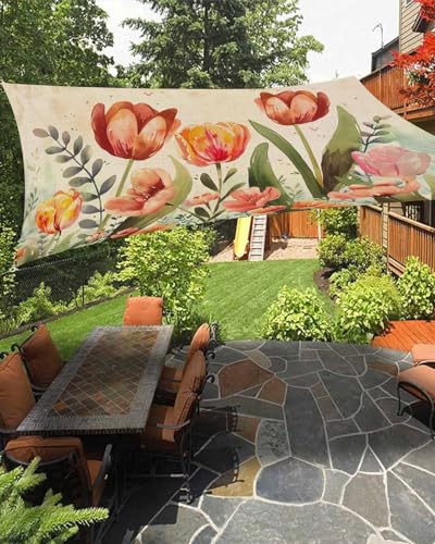 Boanket Sun Shade Sail 14' x 18', Burnt Orange Spring Floral Large Heavy Duty Outdoor Shades Sun Screen, Summer Botanical Tulip Vintage Shade Cloth for Patio Deck Terrace Garden Lawns Beach Backyard