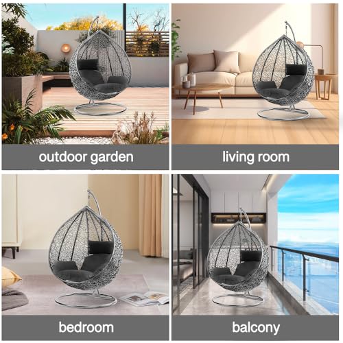 Rattan Swing Egg Chair Garden Swing Chair Patio Hanging Chair Indoor/Outdoor Hanging Hammock with Cushion (black chair-black) 7 Rattan Swing Egg Chair Garden Swing Chair Patio Hanging Chair Indoor/Outdoor Hanging Hammock with Cushion (black chair-black) - Image 7