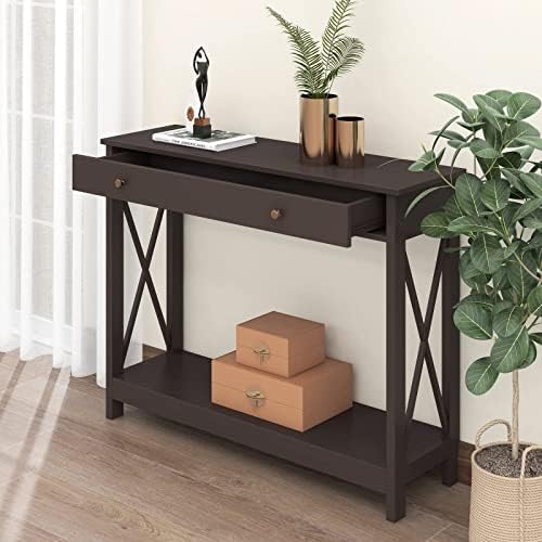 Treocho Oxford Design Console Table with Drawer and Storage Shelves, Foyer Sofa Table Narrow for Entryway, Living Room, Hallway, Espresso
