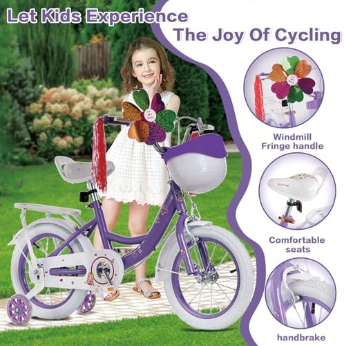 Kids Bike for Toddlers 3-8 Years, 14/18" Adjustable Girls' Bicycle with Basket, Bell, Training Wheels, Streamers, Windmill & Front Hand Brakes - Safe & Fun!