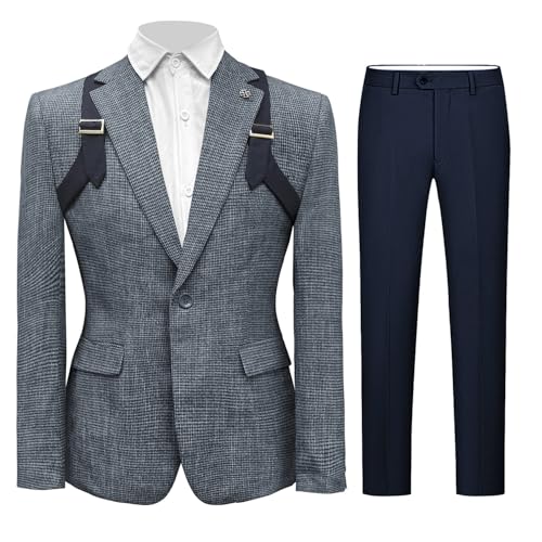 2 Pcs Men's Check Suit Houndstooth Tuxedo Slim Sports Blazer Dogstooth Jacket Pants Set for Party,Prom,Business